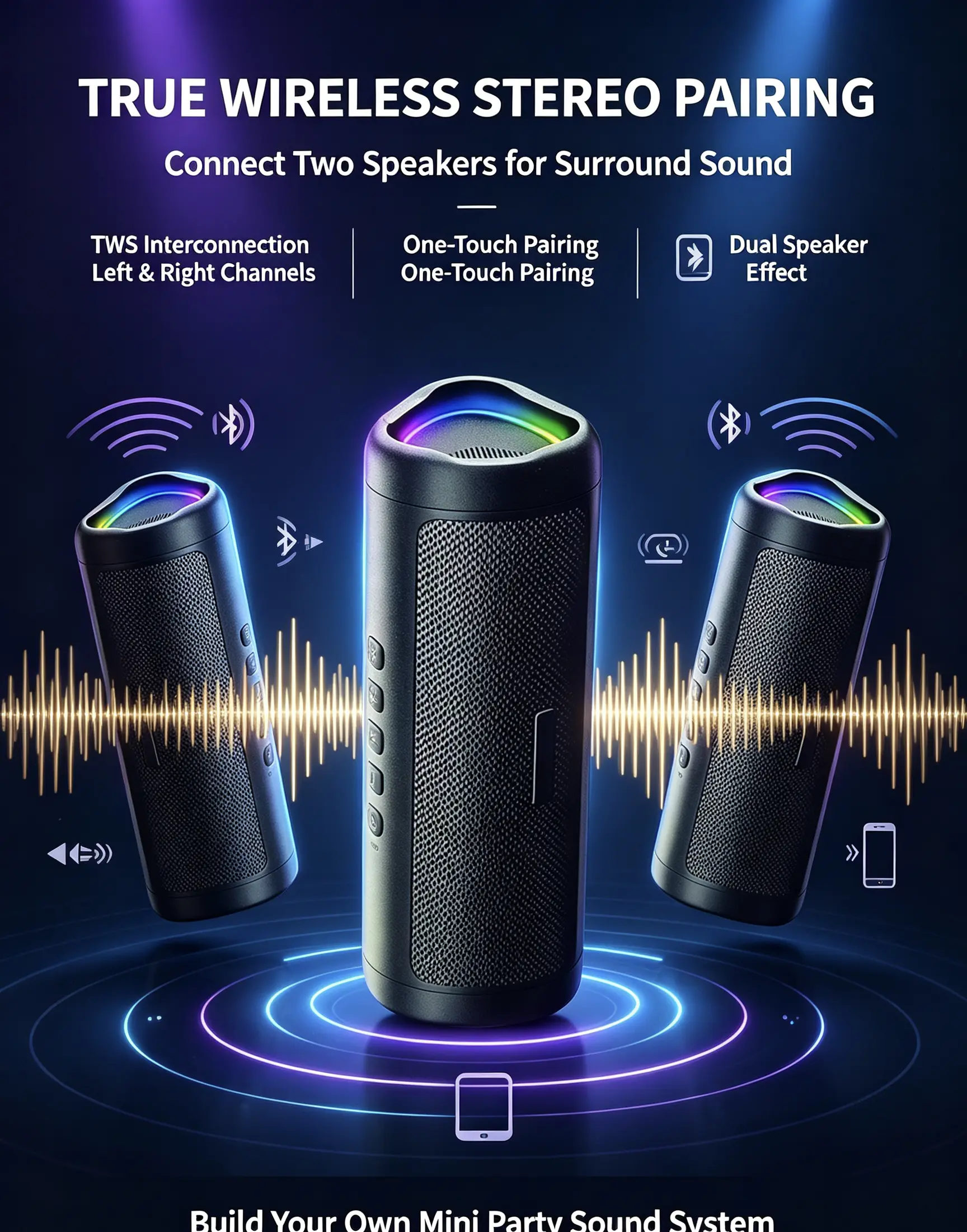 XBJ True Wireless Stereo Pairing Speakers for Surround Sound TWS Interconnection One Touch Pairing Dual Speaker Effect Build Your Own Mini Party Sound System