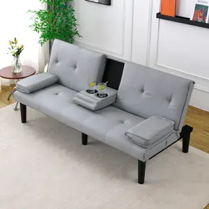 67-Inch Multi-Functional Sofa Bed with Cup Holder, Foldable PVC Living Room Couch, Light Gray Sleeper Sofa for Guest Room, Convertible Sofa Bed for Small Spaces, Easy to Clean, Living Room Furniture for Apartment, Lounge, Family Room