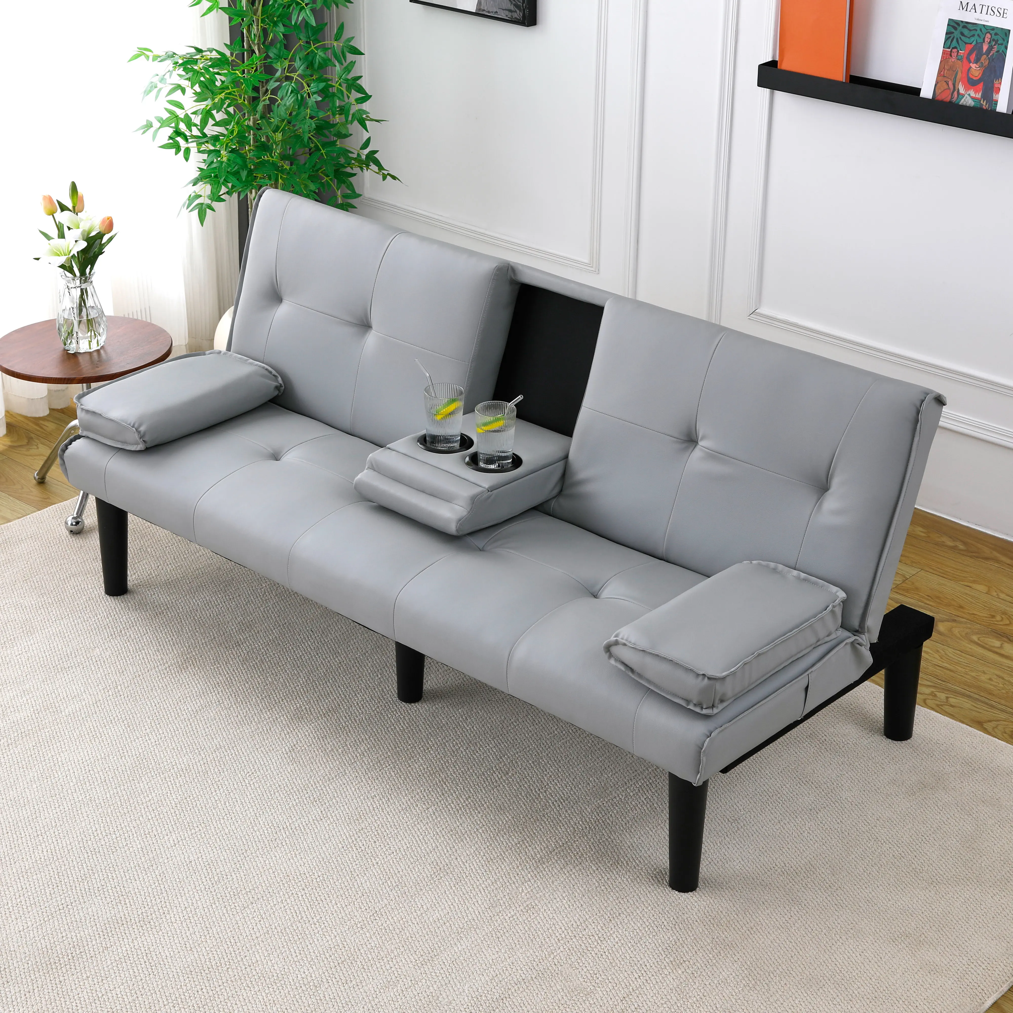 67-Inch Multi-Functional Sofa Bed with Cup Holder, Foldable PVC Living Room Couch, Light Gray Sleeper Sofa for Guest Room, Convertible Sofa Bed for Small Spaces, Easy to Clean, Living Room Furniture for Apartment, Lounge, Family Room