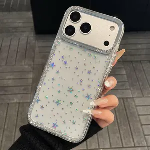 iPhone 17 Pro Max Clear Bling Star Phone Case for iPhone 12-17 Luxury Electroplated Glitter 3D Rhinestone Soft TPU Bumper & Hard PC Back, Cute Sparkly Girly Protective Cover for Women & Girls
