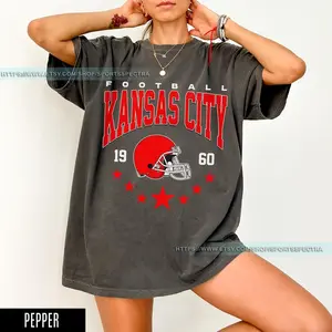 KS Football Vintage Style T-Shirt, Kansas Crewneck, Football T-Shirt, Kansas City Fan Gifts Streetwear Casual Round Neck Cotton Crewneck Shortsleeve Clothe Tops Tshirt T-Shirt