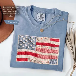 (FAUX PATCHWORK-PRINT) Comfort Colors Retro American Flag Shirt, Faux Patchwork, Digital Print, vinyl ink, 4th of July Shirt, Patriotic Graphic Shirt, Fourth of July Shirt - HARSIN