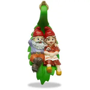 Hanging Garden Gnomes Couple Statue Outdoor Or Indoor Garden Decor - Hand Painted - Laying on Leaf