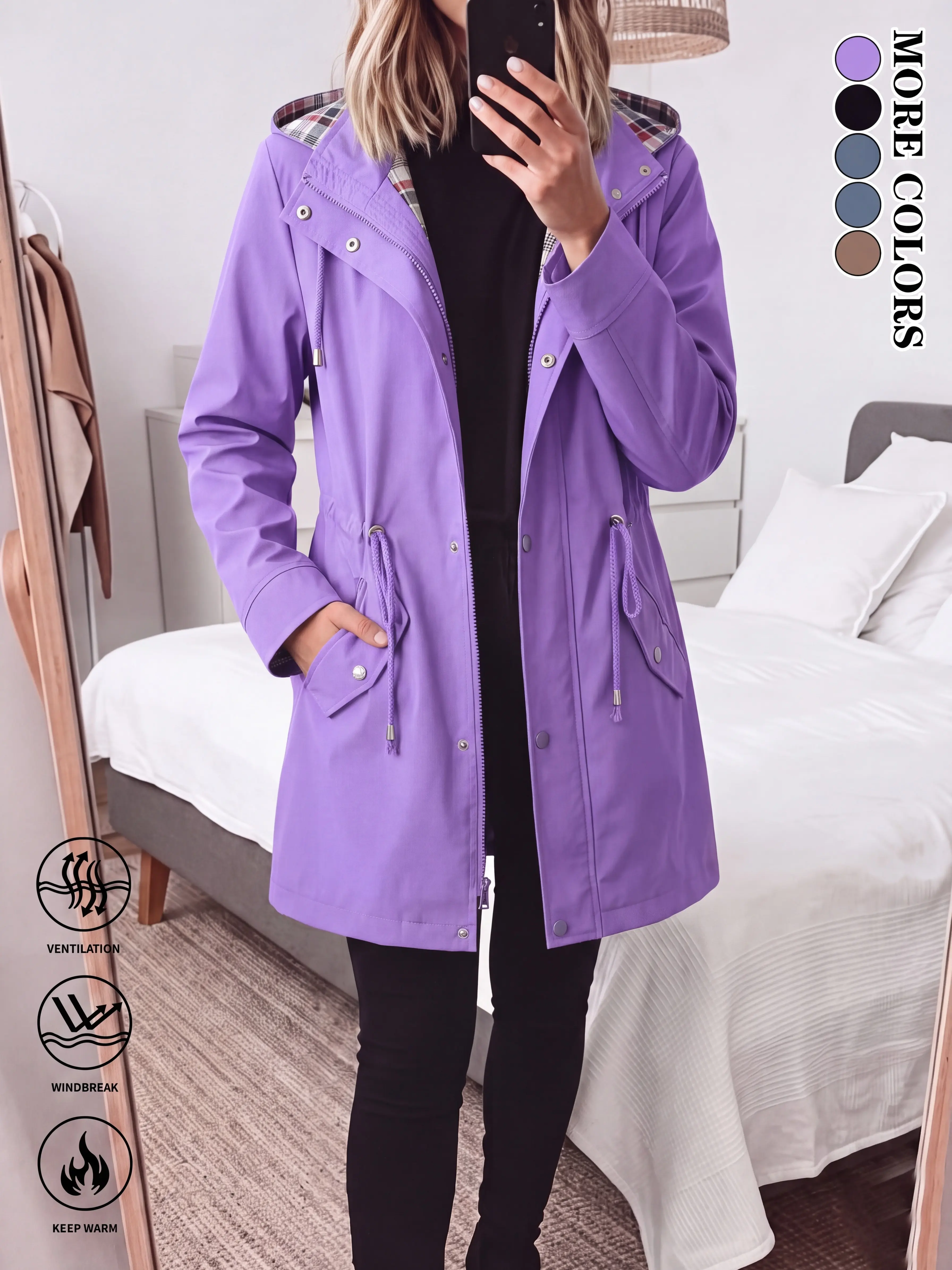 Echo Attire women’s solid-color hooded trench jacket with plaid lining, waterproof and windproof, drawstring waist, zip and button closure, long sleeves for spring and autumn, casual outerwear for everyday wear, top