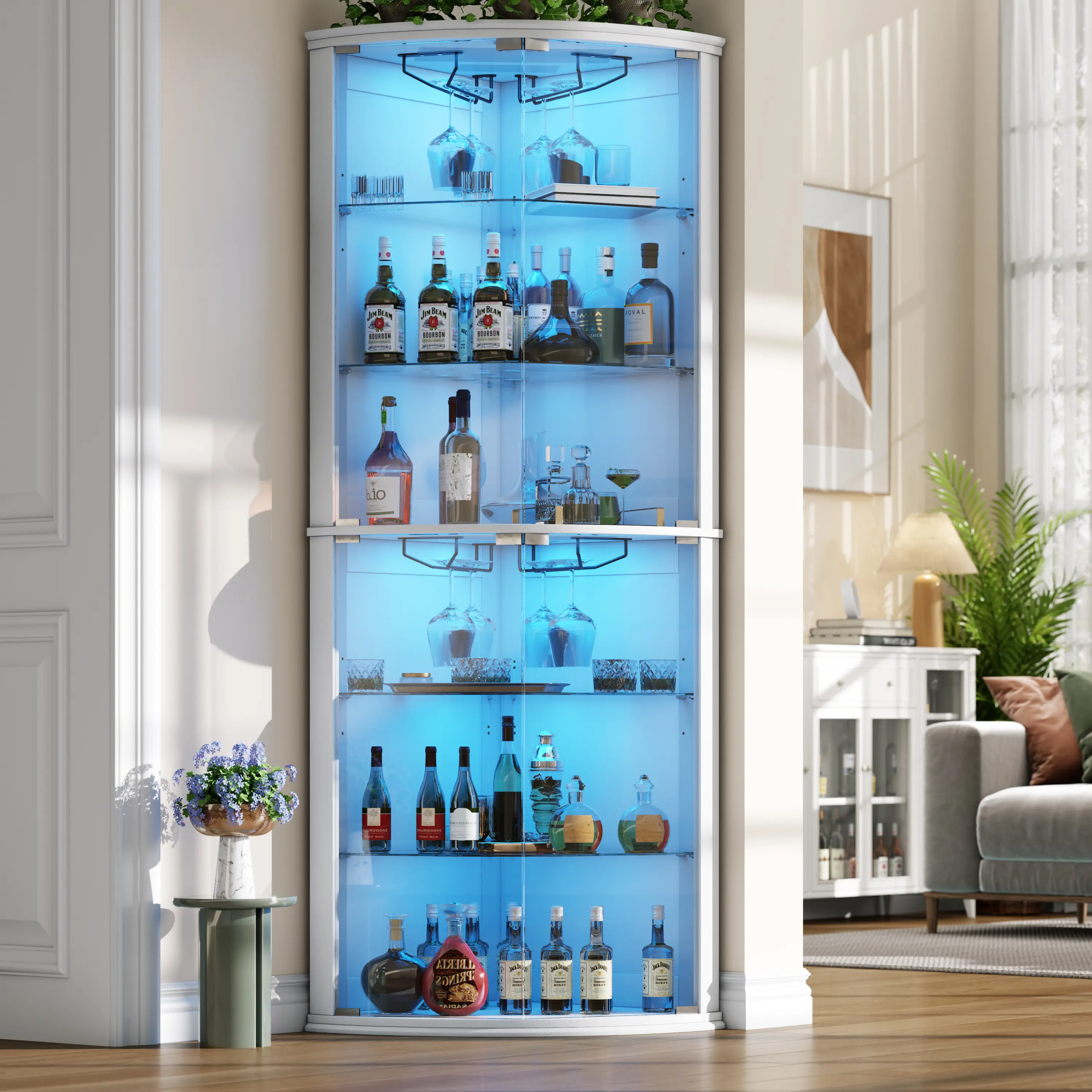 Gyfimoie 70" Corner Bar Cabinet with LED Lights, 6-Tier Modern Wine Cabinet with Glass Door & Glass Holder, Home Bar Liquor Cabinet with Adjustable Shelves