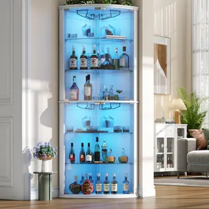 70" Corner Bar Cabinet with LED Lights, 6-Tier Modern Wine Cabinet with Glass Door & Glass Holder, Home Bar Liquor Cabinet with Adjustable Shelves
