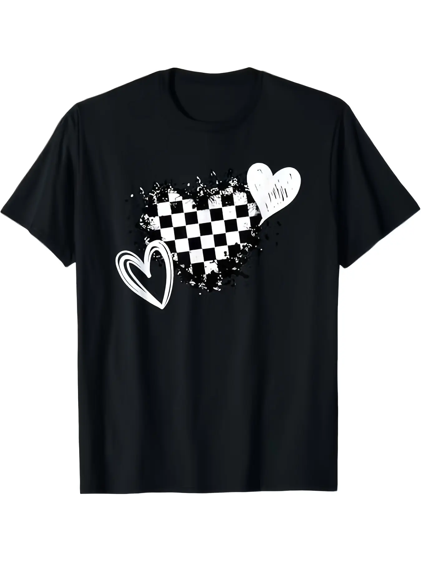 TShirt Featuring a Racing Heart Checkered Flag And unisex soft cotton short sleeve t shirt, vintage graphic casual tee for men women teens, perfect birthday holiday gift for camping travel gym daily street  wear