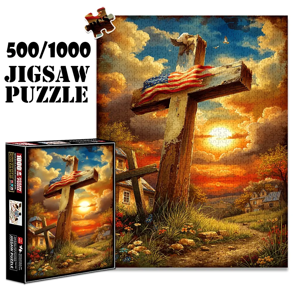 1pc 1000 piece adult puzzle 70x50cm Wooden Cross with American Flag, Eagles and Sunset Landscape 500 pieces paper jigsaw puzzle suitable for DIY creative games for adults and families, birthday and