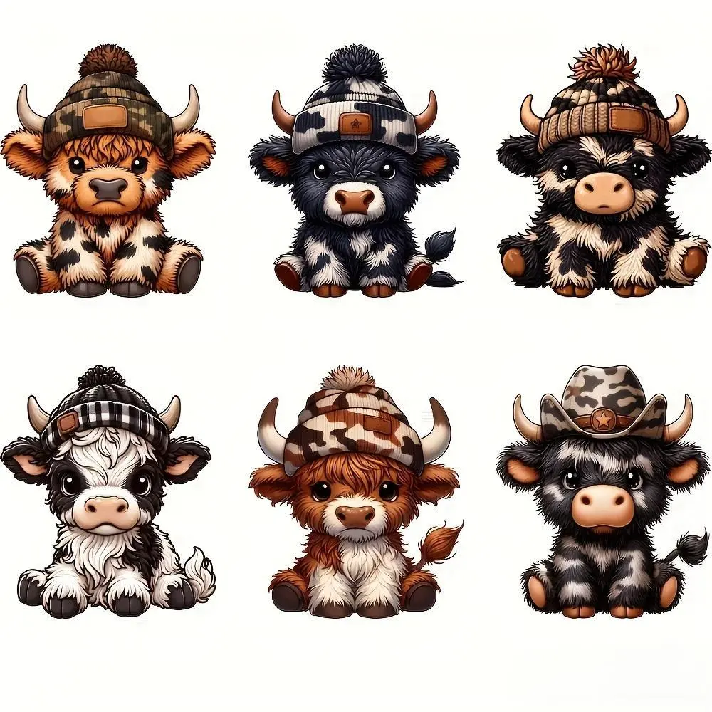 Highland Cow Iron-on Heat Transfer Patches, 6 Counts Cute Cow Design Heat Transfer Sticker, DIY Decals, Diy Material, Diy Products, Craft Supplies for Clothes, Backpacks, Hats, Crafts, Handmade Crafts, Art