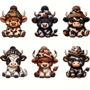 Highland Cow Iron-on Heat Transfer Patches, 6 Counts Cute Cow Design Heat Transfer Sticker, DIY Decals, Diy Material for Clothes, Backpacks, Hats, Crafts
