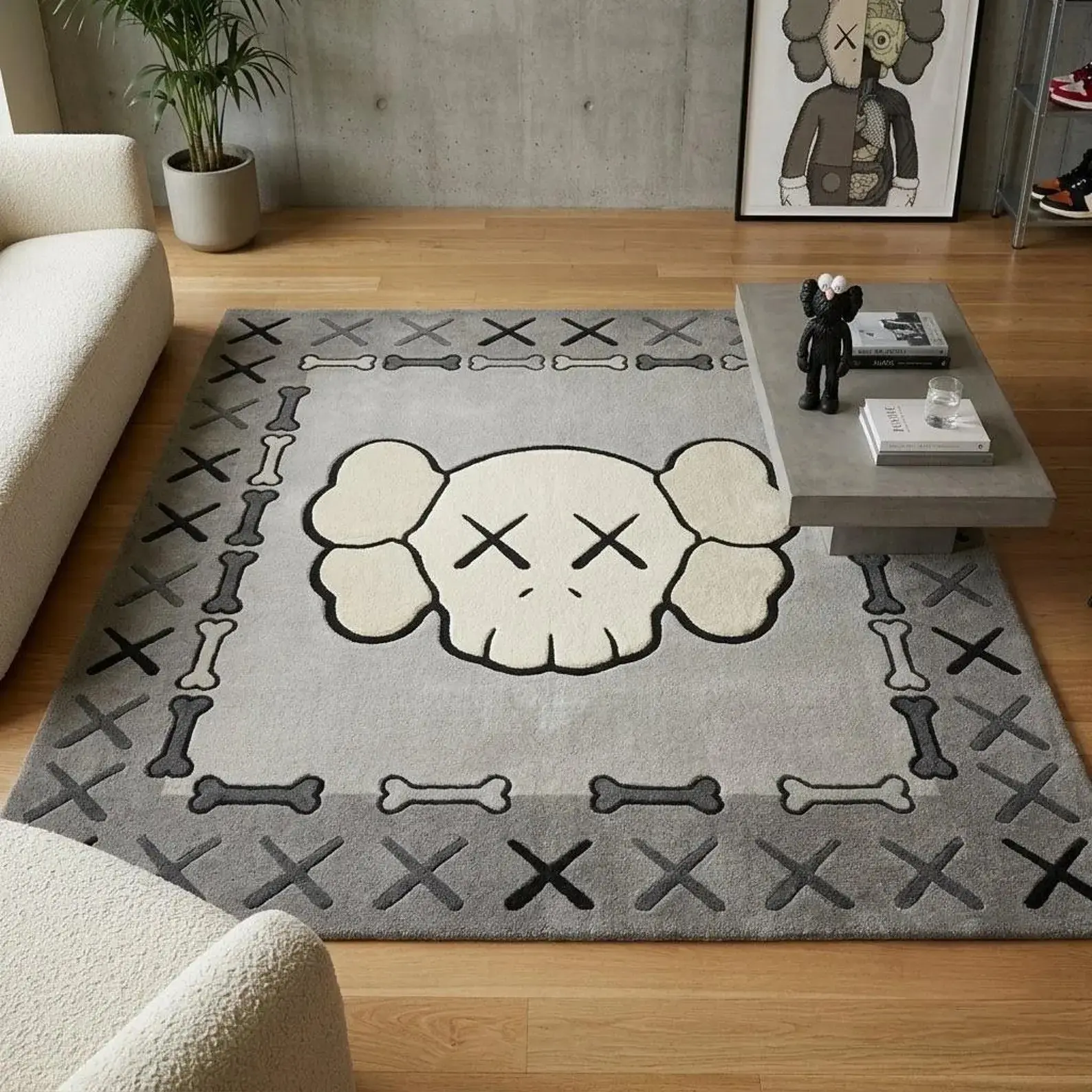 KAWS Inspired Large Hand-Tufted Wool Area Rug, Modern Abstract Grey-Black-Cream Luxury Hypebeast Home Decor, Customizable Sizes (8x10, 9x12)
