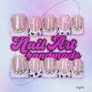 Delicatething Y2K Style Duckbill Nails, Handmade Nail Art Set with Diamonds, Elegant Rhinestone Decorated, 3D French Design, 4 Sizes XS S M L, Perfect Gift for Girls