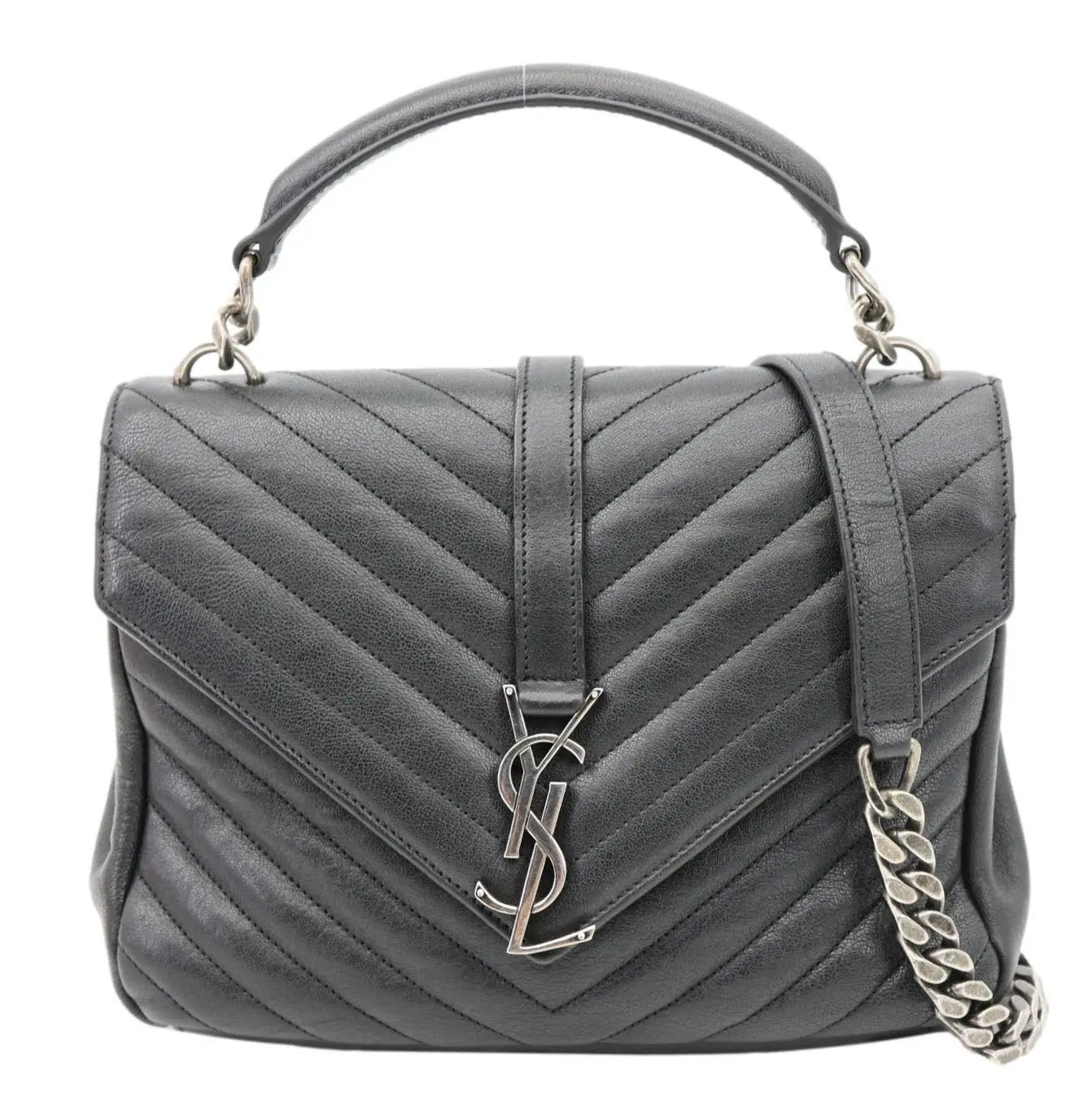 Pre-owned Yves Saint Laurent Leather Shoulder Bags YSL College Flap Medium Classic Chevron Shoulder Bag Black