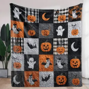 Halloween Patchwork-style Print Ghost Pumpkin Buffalo Plaid Flannel Blanket, Bat Moon Vintage Grid Throw Blanket, Soft Plush Warm Blanket for Couch Bedroom, Cozy Comfy Nap Blanket, Perfect Giftable Decorative Blanket for Halloween All Seasons