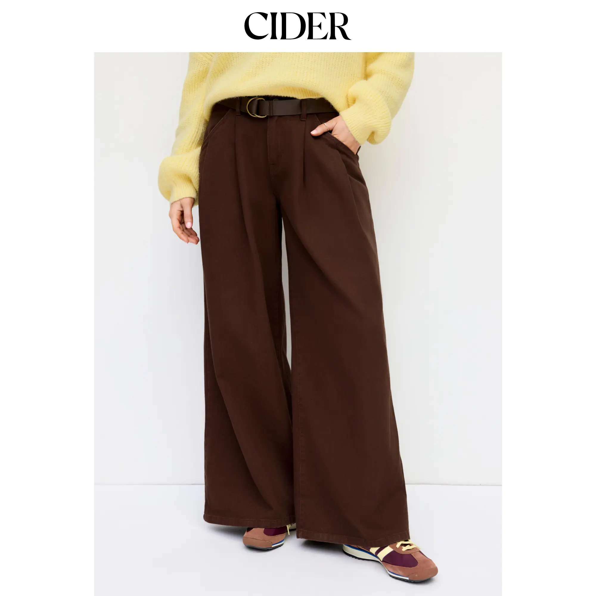 Cider Denim Low Rise Pleated Wide Leg Jeans With Belt