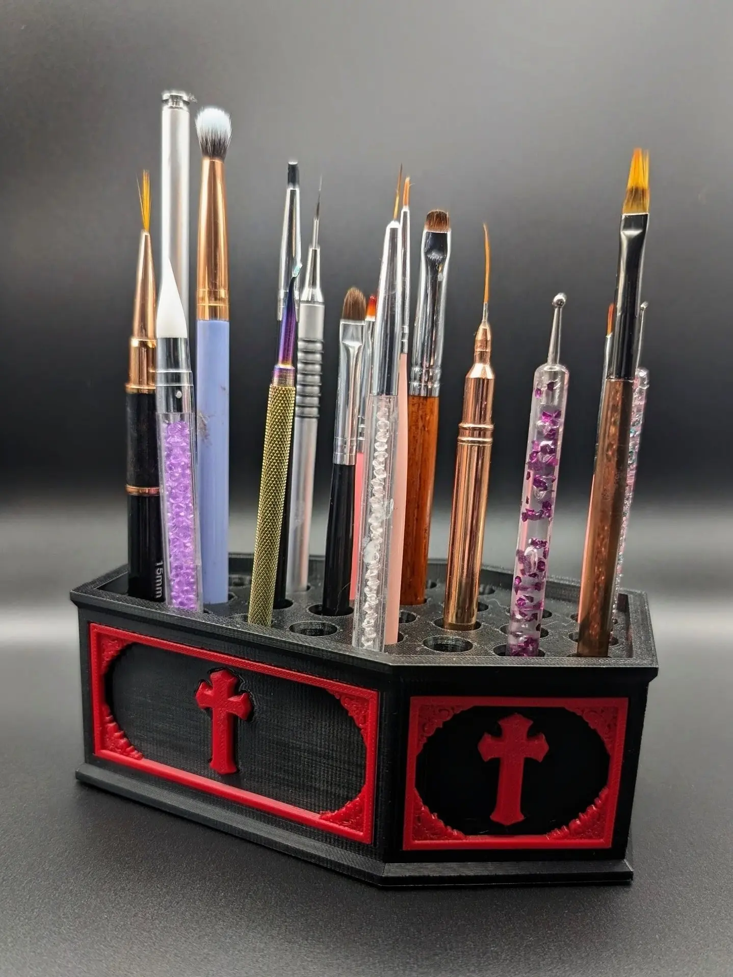 Vampire Hearts - Brush Holder (Handmade Gothic Vampire Inspired Coffin Shape Organizer for 27 Brushes Durable PETG Material with Rubber feet 4 inch by 6 inch)