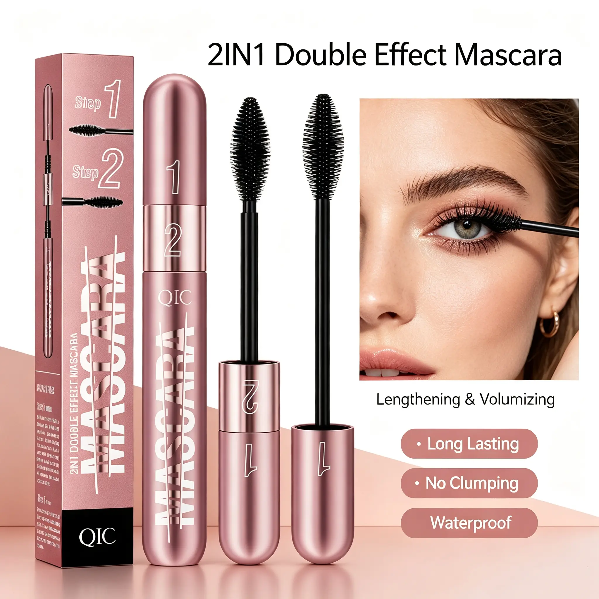 【QIC】Lengthening & Curling trendy must-have Mascara 24-hour long-lasting waterproof & smudge-proof natural daily wear formula No clumping, locks long, bouncy curls on lashes for hours, cosmetic use