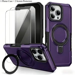 3PCS (1 Phone Case + 2 Tempered Glass Screen Protectors) Luxury Armor Case for IPhone 17 16 15 14 13 12 11 Pro X XS XR Max 8 7 6 Plus SE Ring Holder Slide Lens Stand Phone Cover Shockproof, Casing