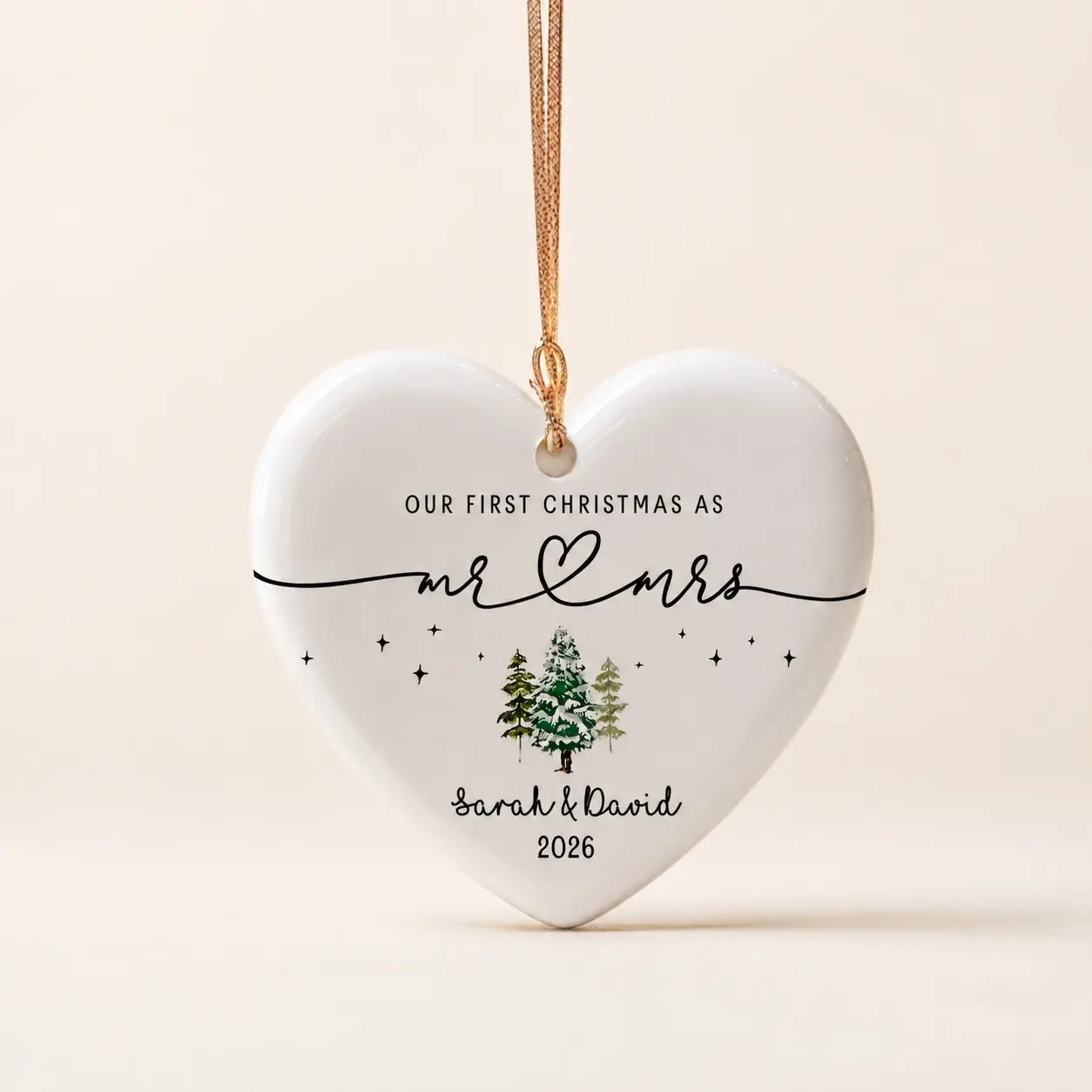 Personalized First Christmas as Mr & Mrs Heart Ceramic Ornament, Custom Couple Names and Year Wedding Gift