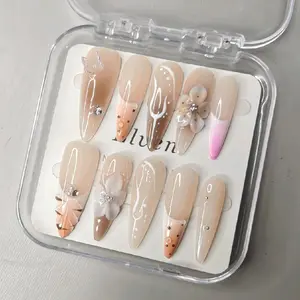 Elegant Brown & Gray Stiletto Press On Nails Art Set with Floral Accents & Rhinestone Details for Stylish Manicures