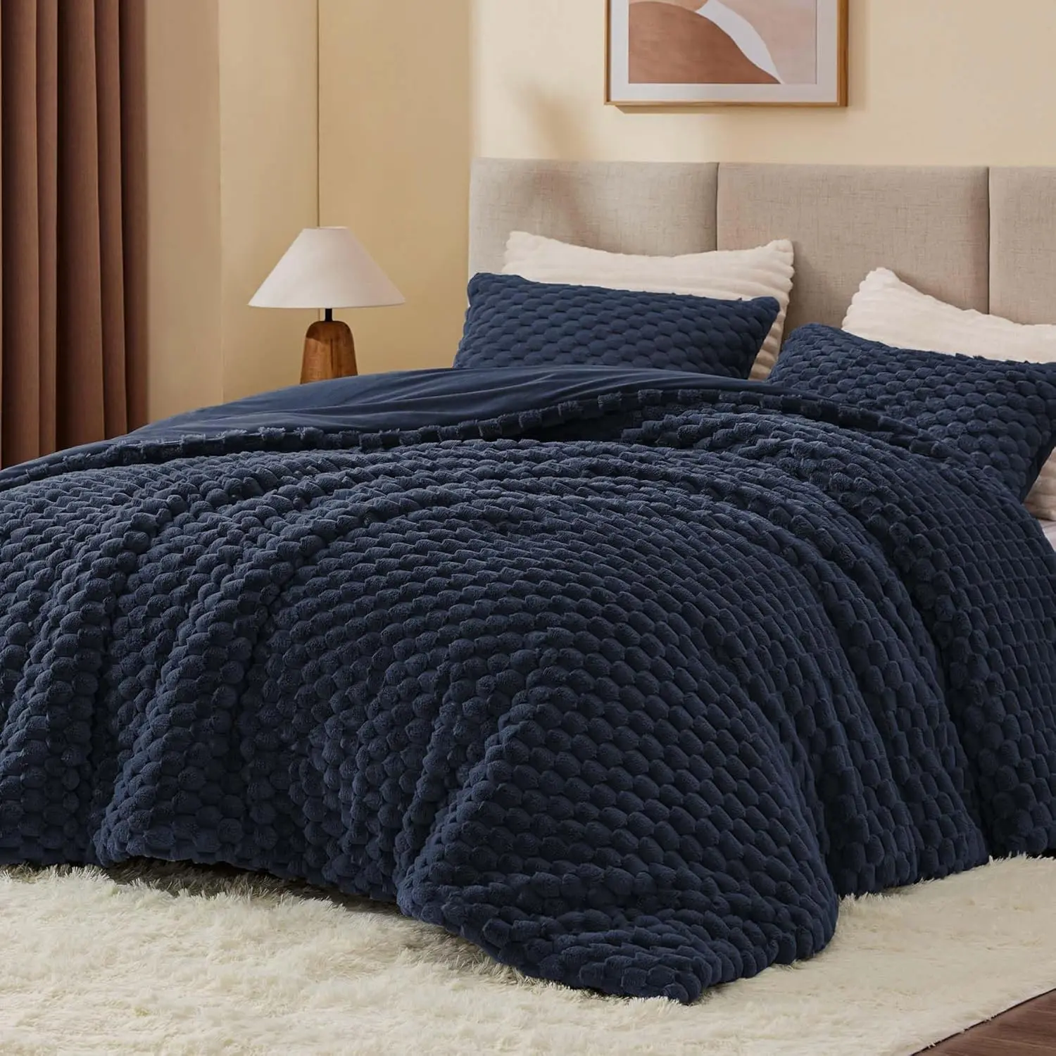 Fluffy King Size Comforter - Navy Blue Comforter for King Size, Warm for Winter, Fuzzy 3 (1 Comforter, 2 Pillowcases)
