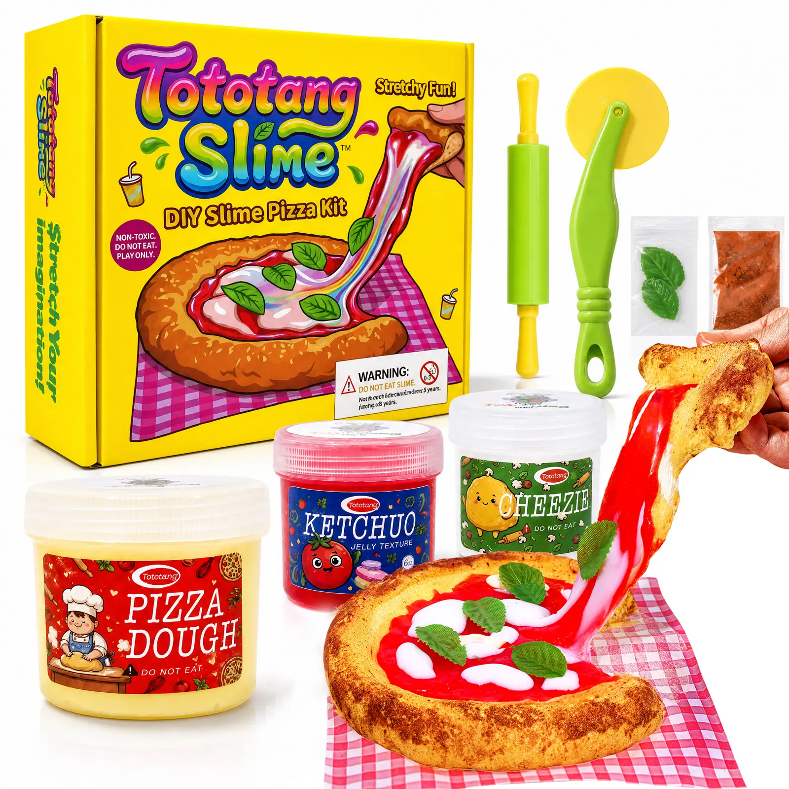 Slime DIY Pizza Kit - 3 Unique Texture Slimes (Dough, Ketchuo, Cheezie), Realistic Pizza Tools & Toppings