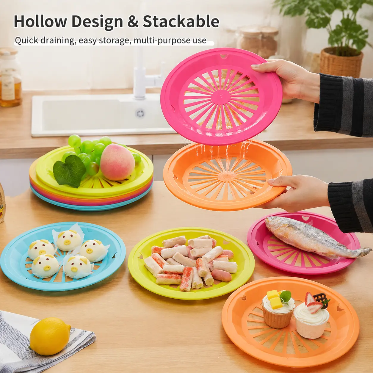 1 Count, hollow draining plastic tray,stackable round plate for holding fruits, snacks and food for daily kitchen use