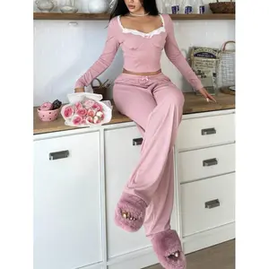 SweetSlumber Lace Trim Women's Sweetheart Neck Long Sleeve Top And Pants Pajama Set Lounge Set, Fall Clothes