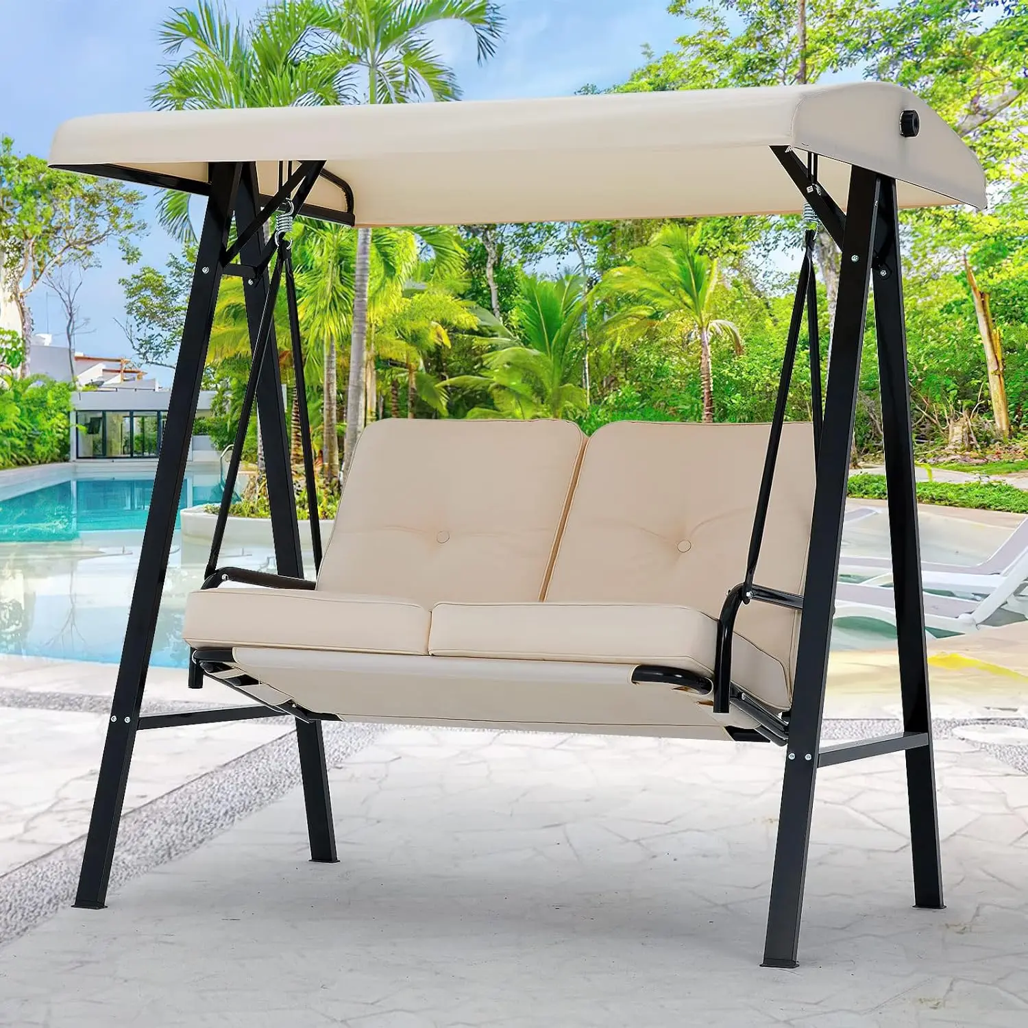 Adjustable Canopy 2 Seat Outdoor Porch Swing Chair with Removable Cushion for Backyard, Garden, Yard, Balcony standing  swing