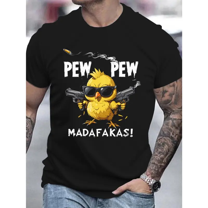 Men's 100% Cotton Thick Knitting Seamless Crew Neck Short Sleeve Regular Fitted Korean T-Shirt - Casual Chic, Slight Stretch, Cute Cool Chick Graphic, Animal Print Black Fashion Apparel