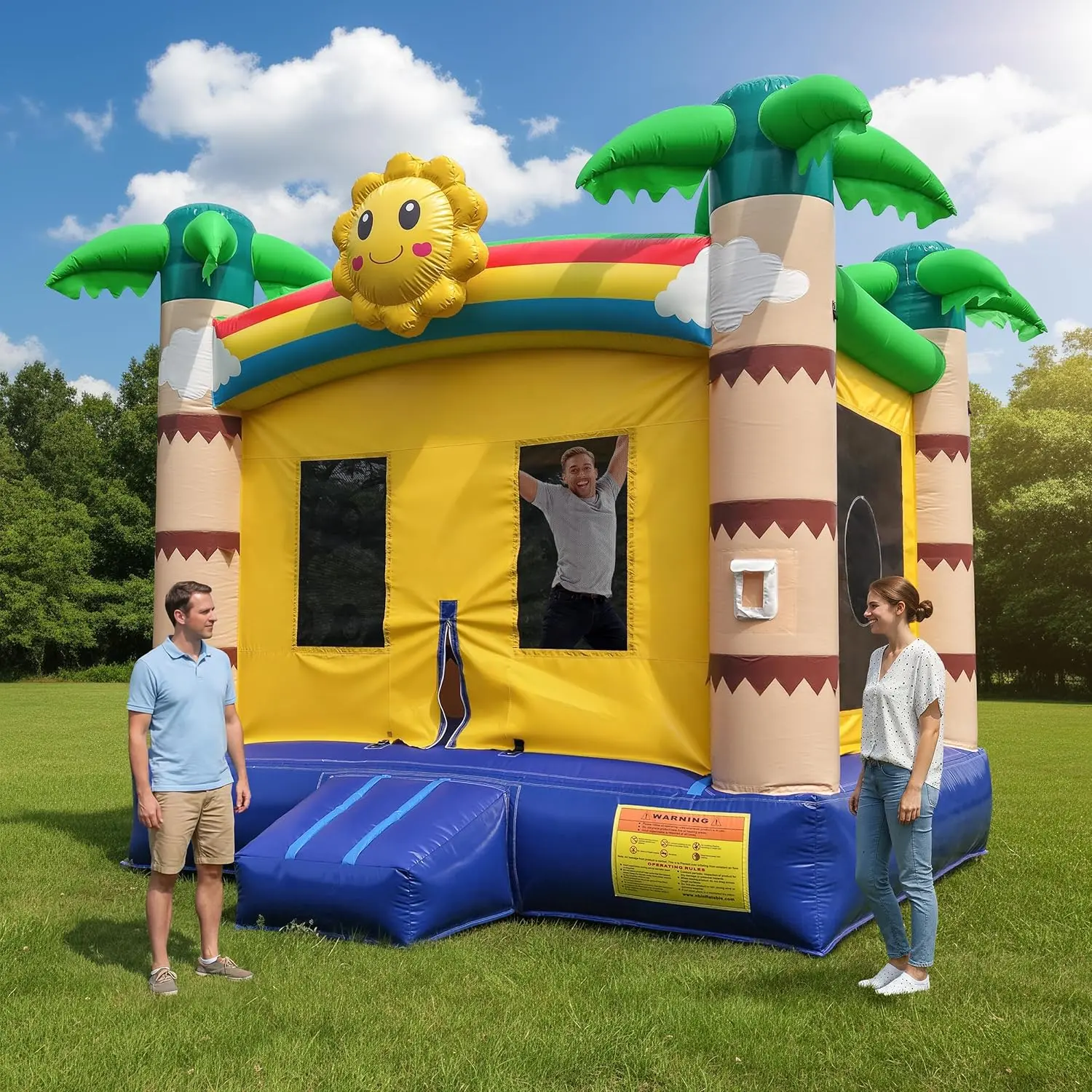 UIWEFHWEInflatable Commercial Grade Bounce House: 13FT(L) Large Bouncy Castle for Adults and Teenagers - 750W Blower, Basketball Hoop, Premium PVC, Tropical Style - for Backyard Outdoor Indoor