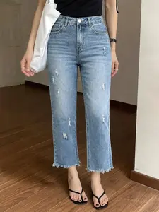 Women's Blue Denim Straight Leg Pants, Loose-Fitting Casual Jeans, Plain Pattern, All Seasons Wear, Comfortable and Stylish