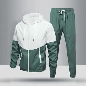 Two-Piece Men's Hooded Colorblock Drawstring Sports Jacket Set with Contrast Colors Drawstring Waistband Regular Fit Casual Long-Sleeve Hoodie and Pants for Autumn and Winter in Blue Black Green Gray Menswear Clothes