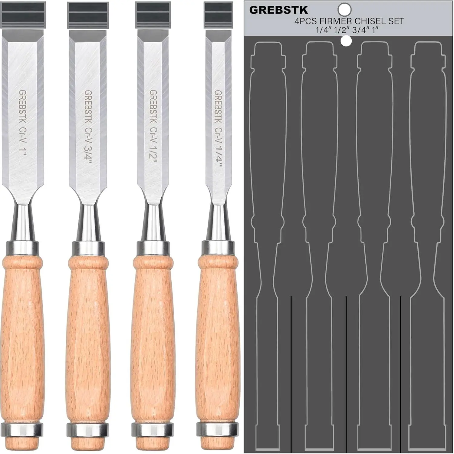 9.5in Wood Chisel Set for Woodworking, 4pcs Chrome Vanadium Steel Bevel-Edge Bench Chisels with Cap, Comfortable Beech High Impact Handle