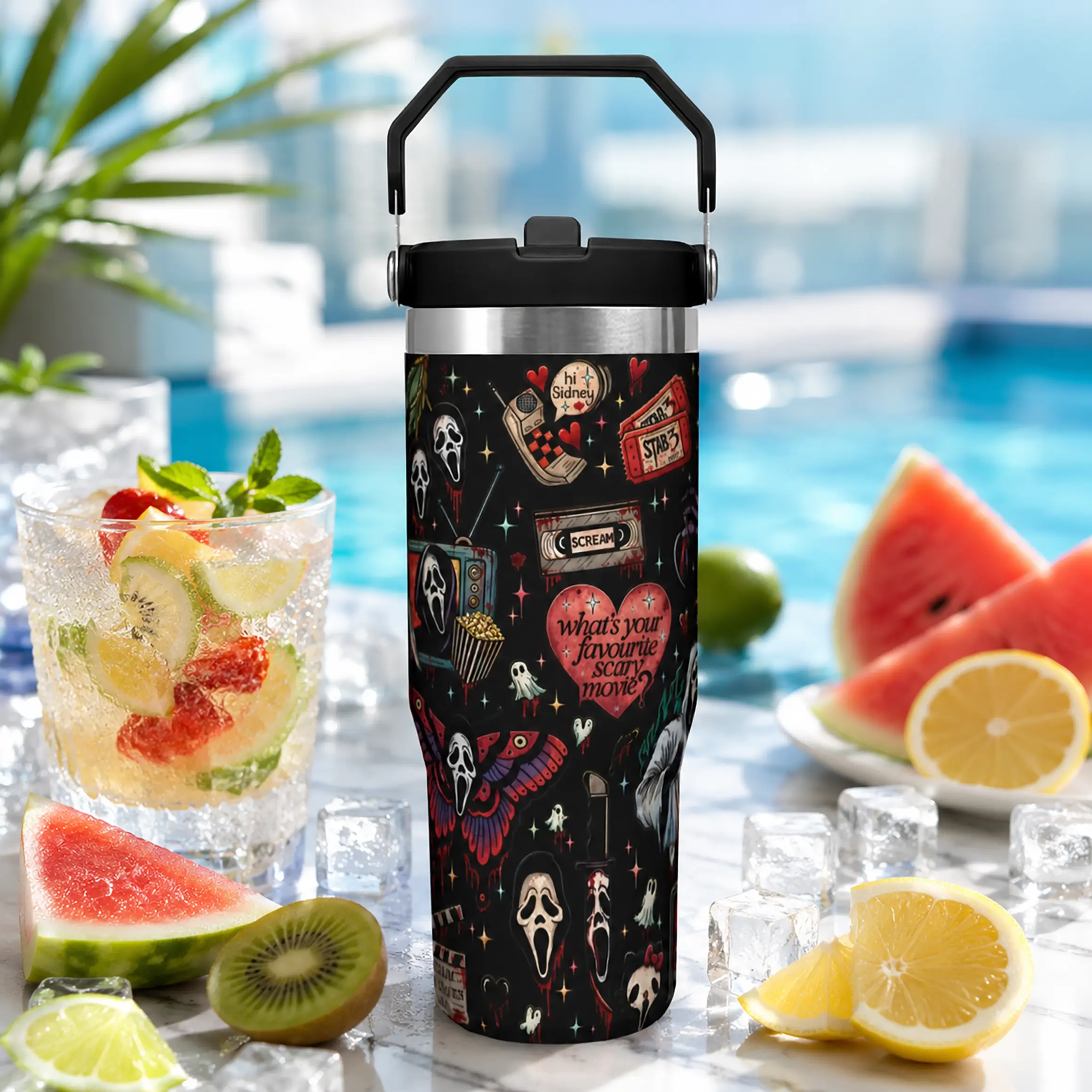 Scream Graphic 30oz Tumbler Stainless Steel Vacuum Insulated Leakproof Travel Car Cup With Handle Reusable Coffee Mug Water Bottle Hot Cold Drinks Back To School Office Camping Kids Teens Adults Horror Trendy Gift