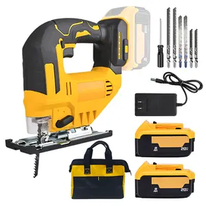 Cordless electric reciprocating saw for curves, compatible with 20V batteries; yellow and black design with LED work light; 0–45° bevel cuts; three track settings; suitable for straight, curved, angled, and circular cutting; includes screws and a wrench