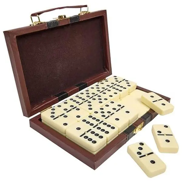 Jumbo Double Six Domino Set in Wooden Box - 28 Extra-Thick White Tiles with Vegan Leather Case, Premium Family & Party Game