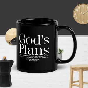 God's Plans Black Glossy Mug - Inspired by Jeremiah 29:11 Ceramic Christian Drinkware Beverage Washable Reusable Coffee Cup God
