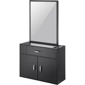 TikTokShopBlackFridayVEVOR Salon Storage Cabinet, Wall Mounted Barber Salon Station for Hair Stylist, Hair Stylist Station Set, with 3 Sleeves, A Mirror, Double-Door Cabinet, and A Drawer, Black