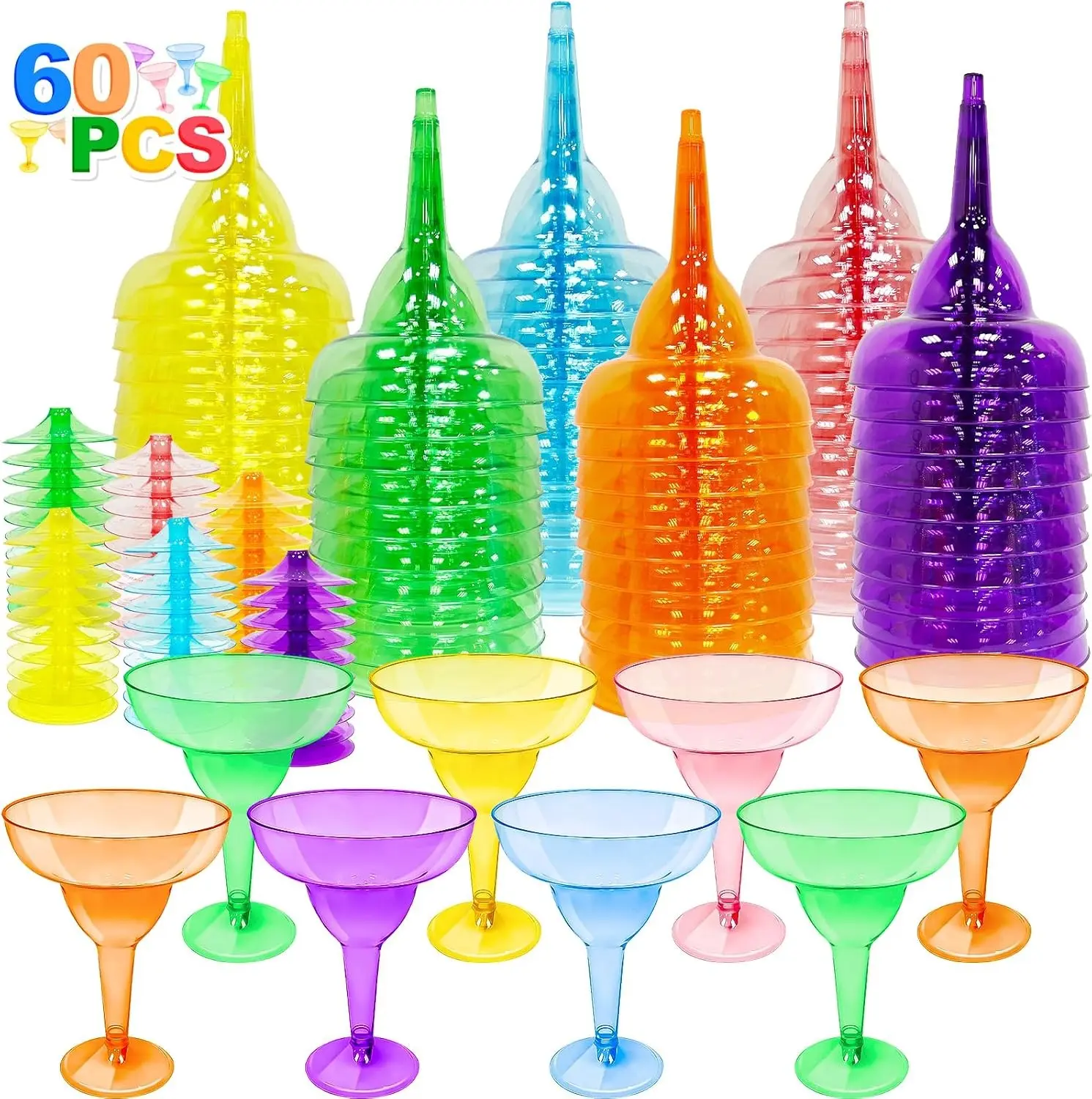 60 Pack Multicolor Plastic Margarita Glasses 12 oz Disposable Cocktail Cups for Cinco De Mayo Decorations Fiesta Party Decorations Fun Taco Tuesday Mexican Themed Party Supplies