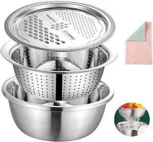 Germany Multifunctional Stainless Steel Basin with Cleaning Cloth 3 in 1 Colander Strainer Set Graters Cheese Grater Salad Maker Bowl Drain Basin Stainless Steel Colander for Kitchen A-9.45In atcryih - Utensils
