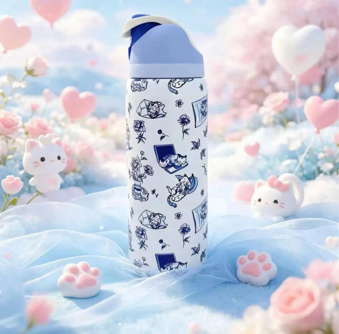 Owala Freesip 32oz- Delft Cat Insulated Stainless Steel Water Bottle with Straw & Flip Lid,Vacuum Insulated Travel Cup, Gift for friend