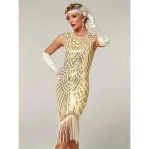 Vintage 1920s Flapper Dress with Sequins and Fringe Detail - Green, Sleeveless Party Gown for Women, Perfect for Roaring Twenties Themed Events, Retro Dress