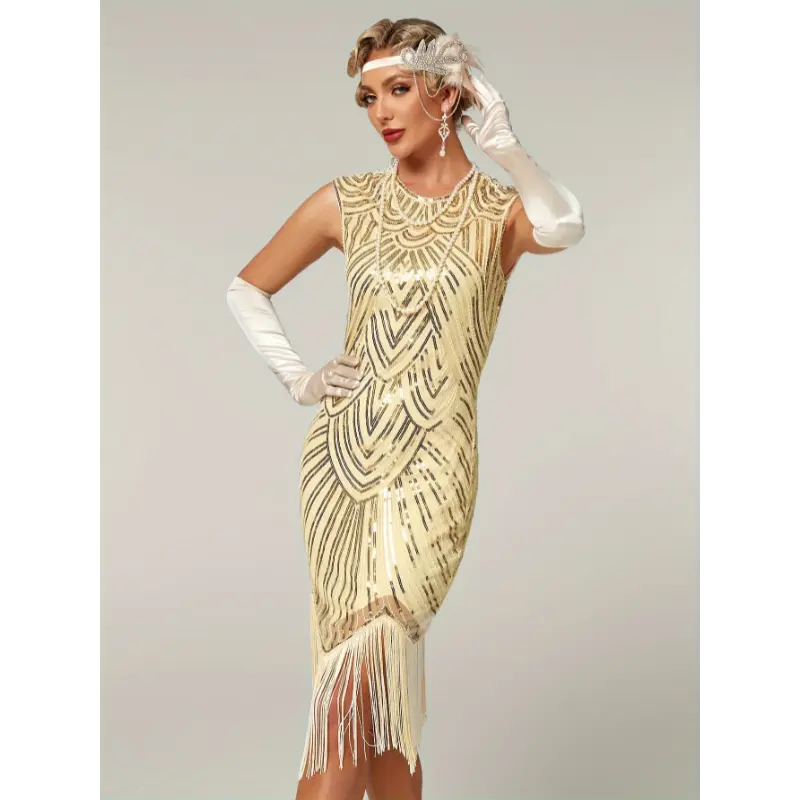 white christmas dresses Queendancer Women Golden Fringed 1920s Dress Spaghetti Straps Roaring 20s  Great Gatsby Dress – queendancer main image 1