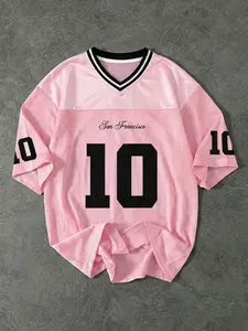 Women's New V-Neck Casual Sport Letter & Pattern Patchwork Loose Short Sleeve T-Shirt, Sports Top, Athletic Activewear, Gym Workout Tee, All Seasons, Gift Choice