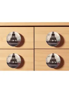 212 MAIN Black & White Eiffel Tower Poetic Script Ceramic Drawer Pull Knobs - Set of 6, Machine-Made, Includes Screws