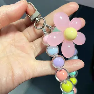 Colorful Crystal Bead Phone Strap, Phone Wrist Strap, Durable Anti-Loss Charm, Cute Floral Design, Blue Beads, Perfect for Camera Keys Water Bottle
