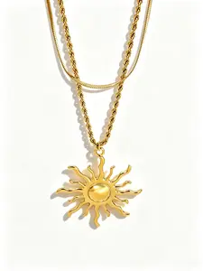 Double Layer Sun Pendant Necklace, Elegant Vintage Style, Fashion Party & Daily Wear Accessory, Unisex, Perfect Gift