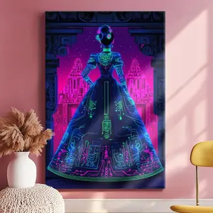 Woman, Blue Dress, Purple Background - Modern, Digital Art, Modern, Contemporary Style, Wall Decor Poster for Room, Wood Framed Canvas Painting Photo Ornaments Artwork Gifts 1pc Artistic Print