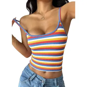 Summer Crop Tops Sleeveless Spaghetti Strap Tank Striped Cami Knit Clothes Slim Fit Spring Shirts